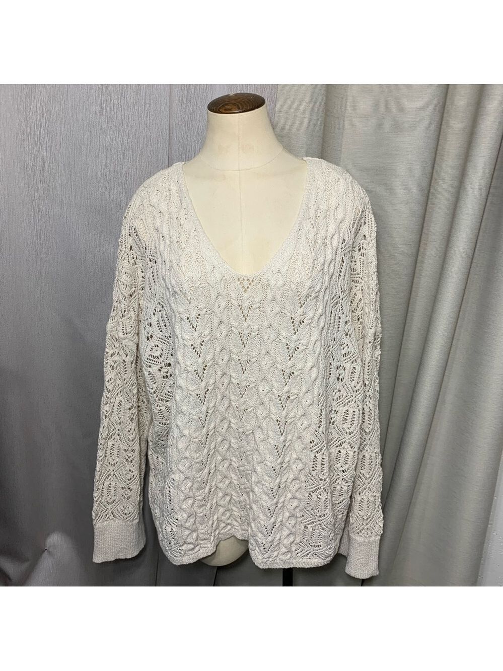 Zara Beige Crochet Cable Knit Sweater Sz S Oversized V Neck Long Sleeve Pullover - Picture 14 of 14